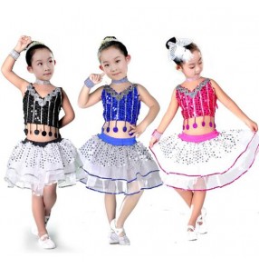 Fuchsia black royal blue sequined patchwork girls kids child children toddlers modern dance stage performance  School play dance costumes outfits